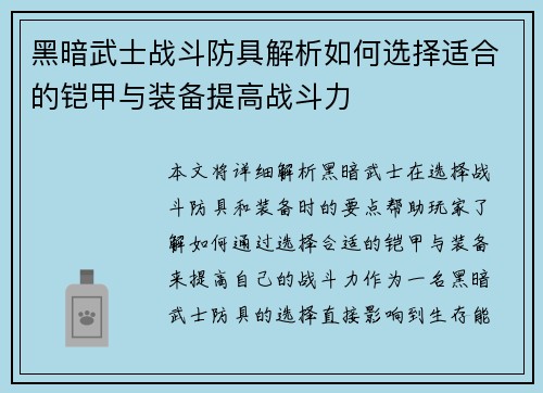 黑暗武士战斗防具解析如何选择适合的铠甲与装备提高战斗力